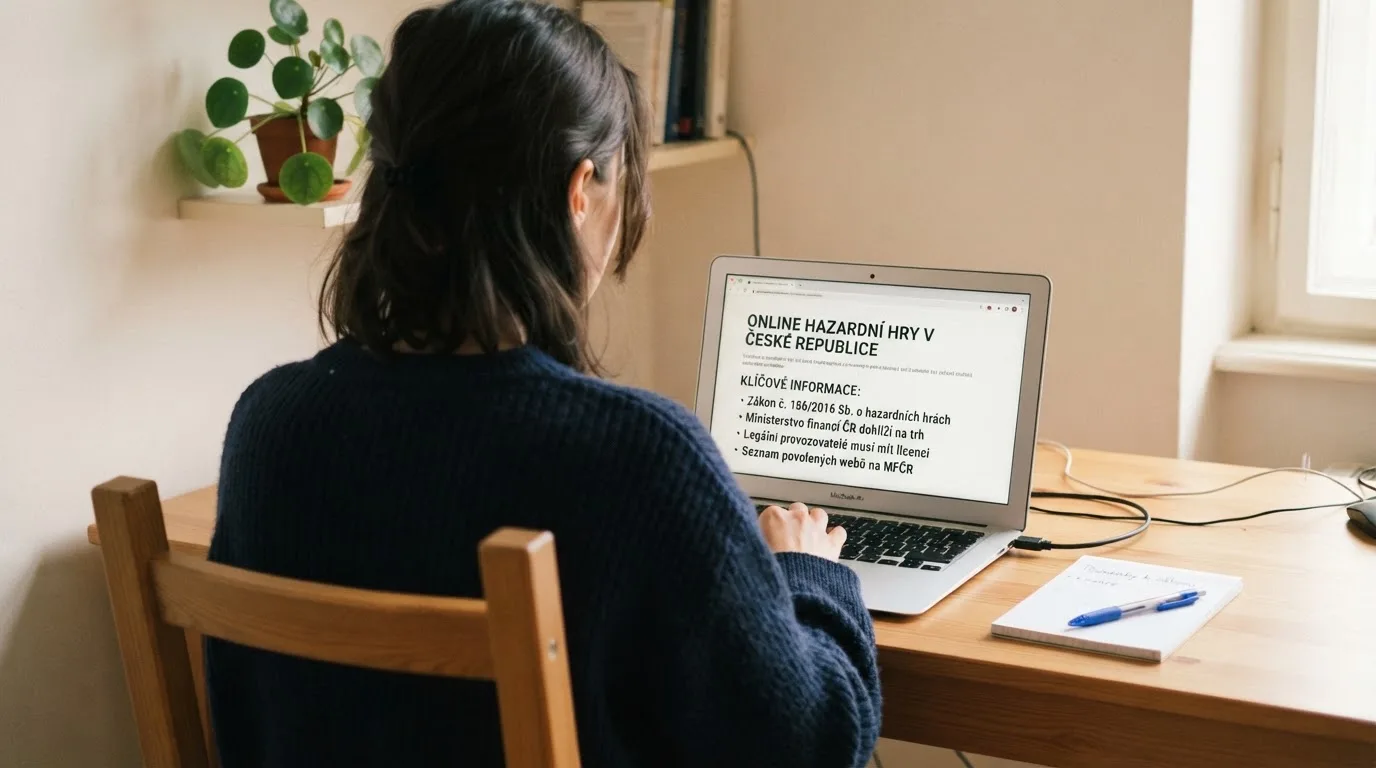 Člověk u notebooku čte informační stránku o online hazardu v Česku — 30, 50, 100, 150 free spinů bez vkladu