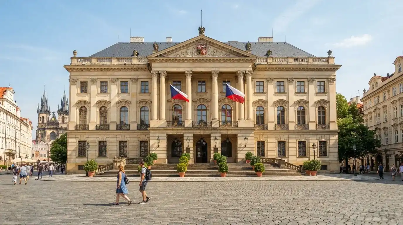 Historická úřední budova s vlajkami na slunečném náměstí — 50, 100, 150, 200 free spins za první vklad