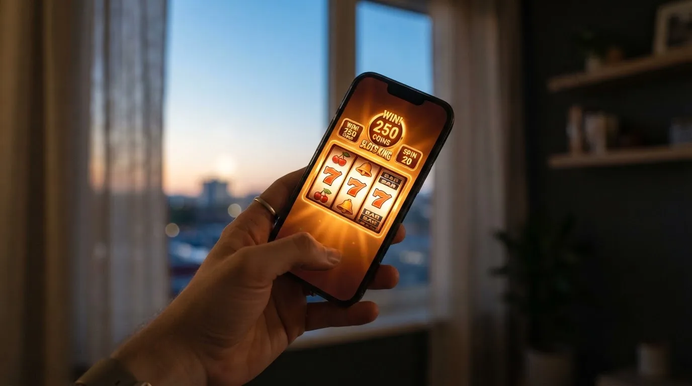 Ruka drží chytrý telefon u okna, klidné večerní světlo — bezpečné zahraniční casino pro české hráče