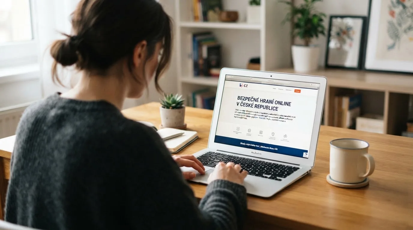Člověk u notebooku čte informační stránku o online hazardu v Česku — bezpečné zahraniční casino pro české hráče