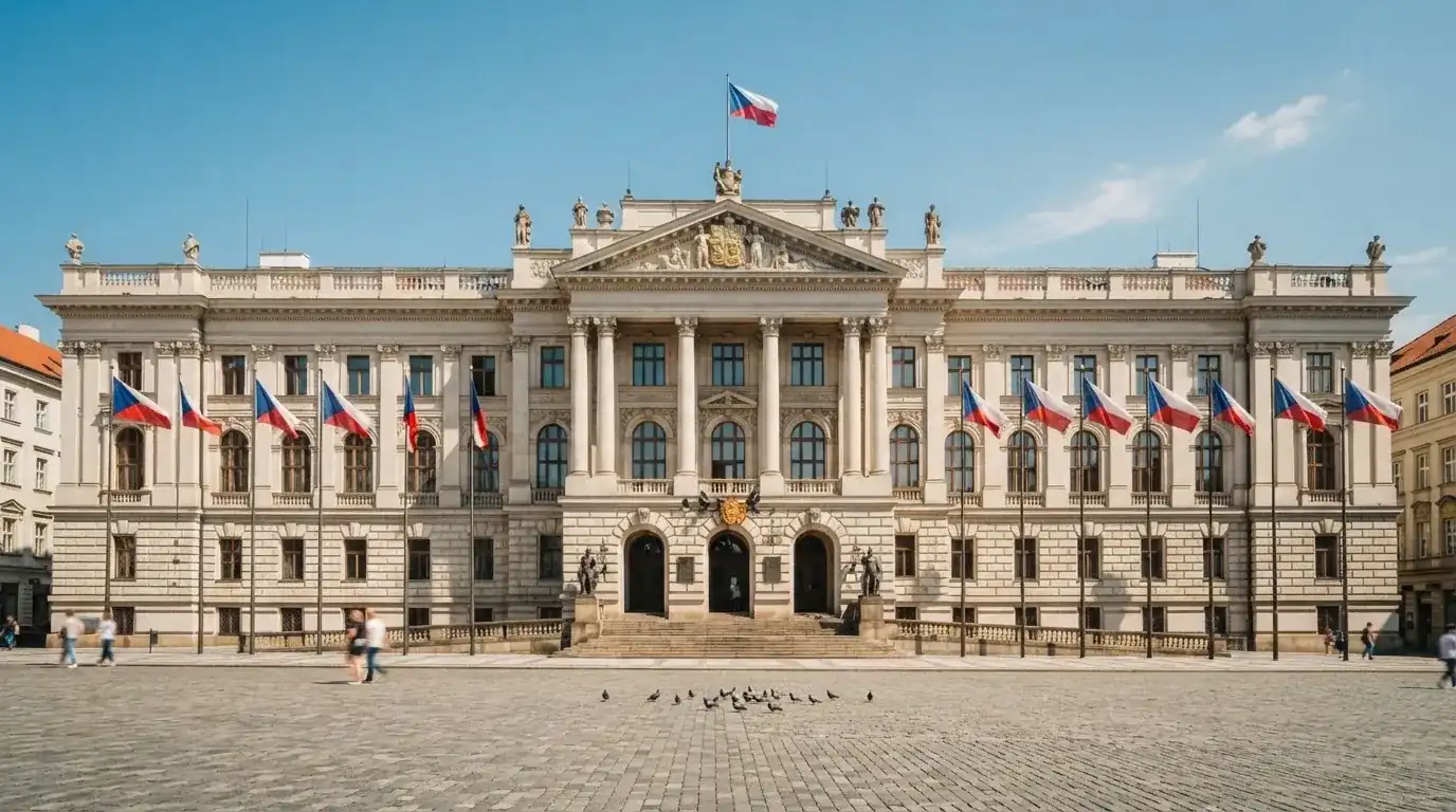 Historická úřední budova s vlajkami na slunečném náměstí — bonus za založení účtu casino