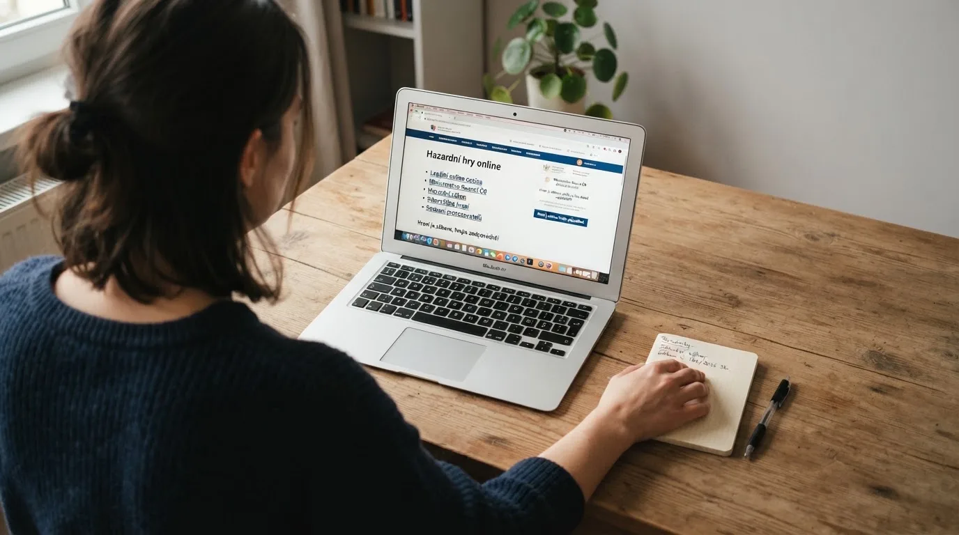 Člověk u notebooku čte informační stránku o online hazardu v Česku — bonus za založení účtu casino