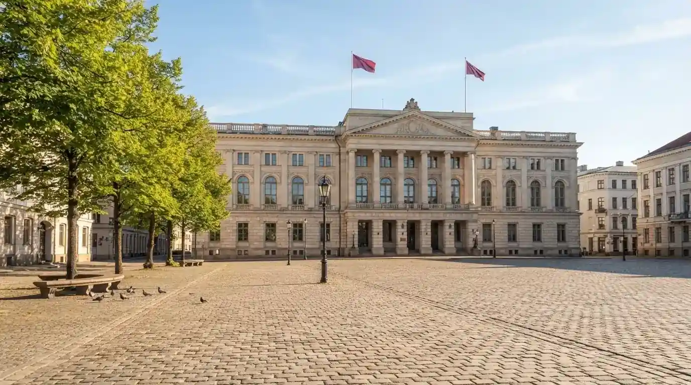 Historická úřední budova s vlajkami na slunečném náměstí — casina bez nutnosti vkladu s bonusem
