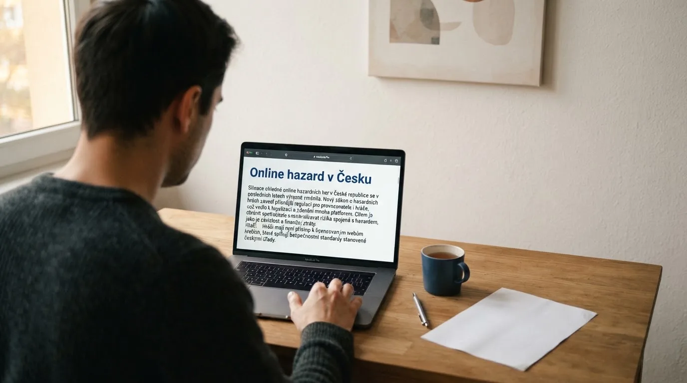 Člověk u notebooku čte informační stránku o online hazardu v Česku — casina bez nutnosti vkladu s bonusem