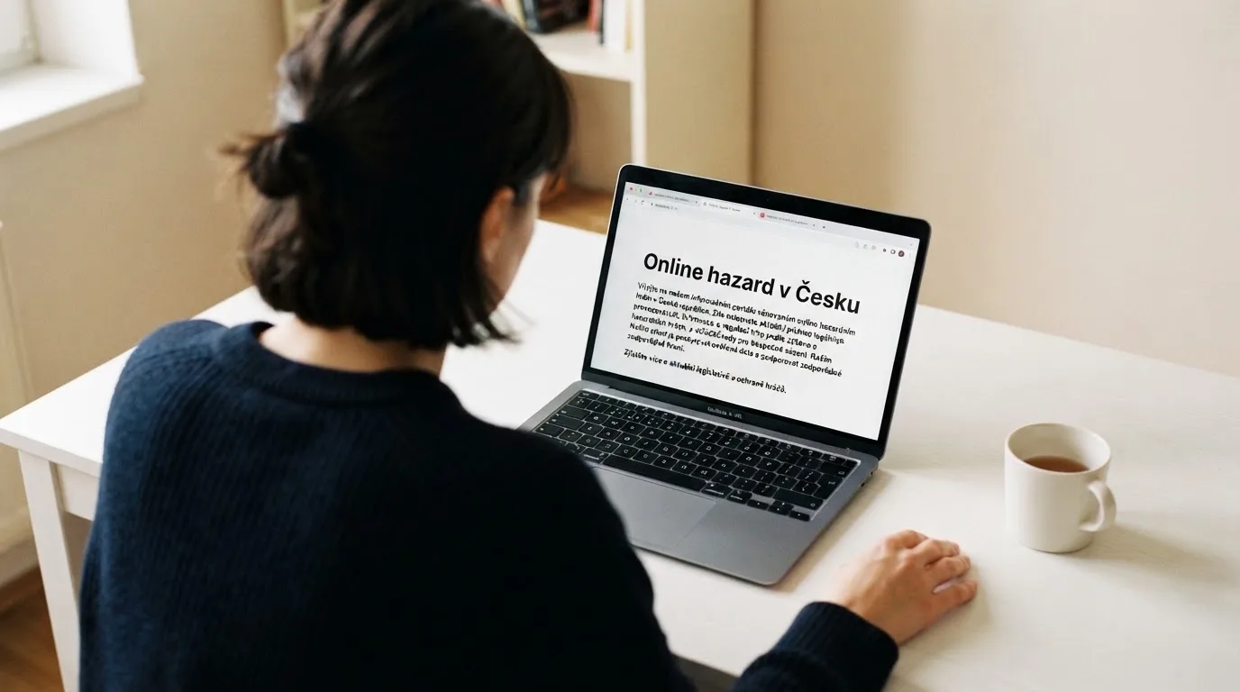 Člověk u notebooku čte informační stránku o online hazardu v Česku — casina online bez ověření totožnosti