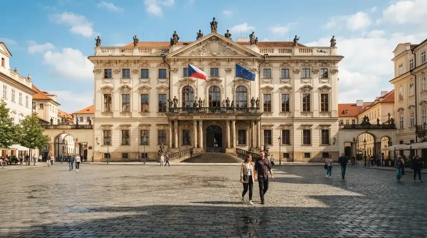 Historická úřední budova s vlajkami na slunečném náměstí — casino minimální vklad 100 kč