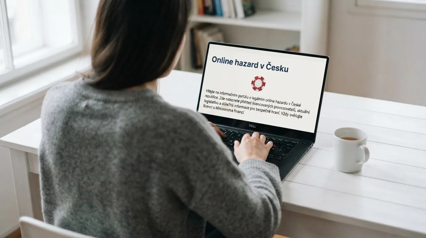 Člověk u notebooku čte informační stránku o online hazardu v Česku — casino minimální vklad 100 kč