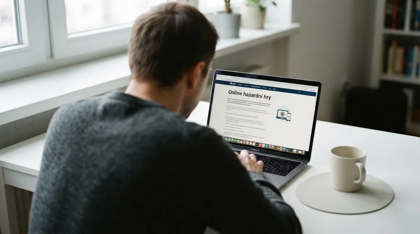 Člověk u notebooku čte informační stránku o online hazardu v Česku — casino okamžitý výběr