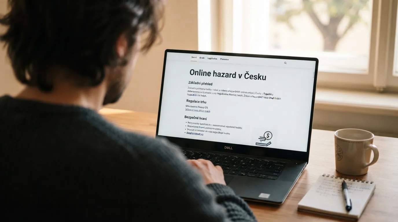 Člověk u notebooku čte informační stránku o online hazardu v Česku — casino platba paysafecard