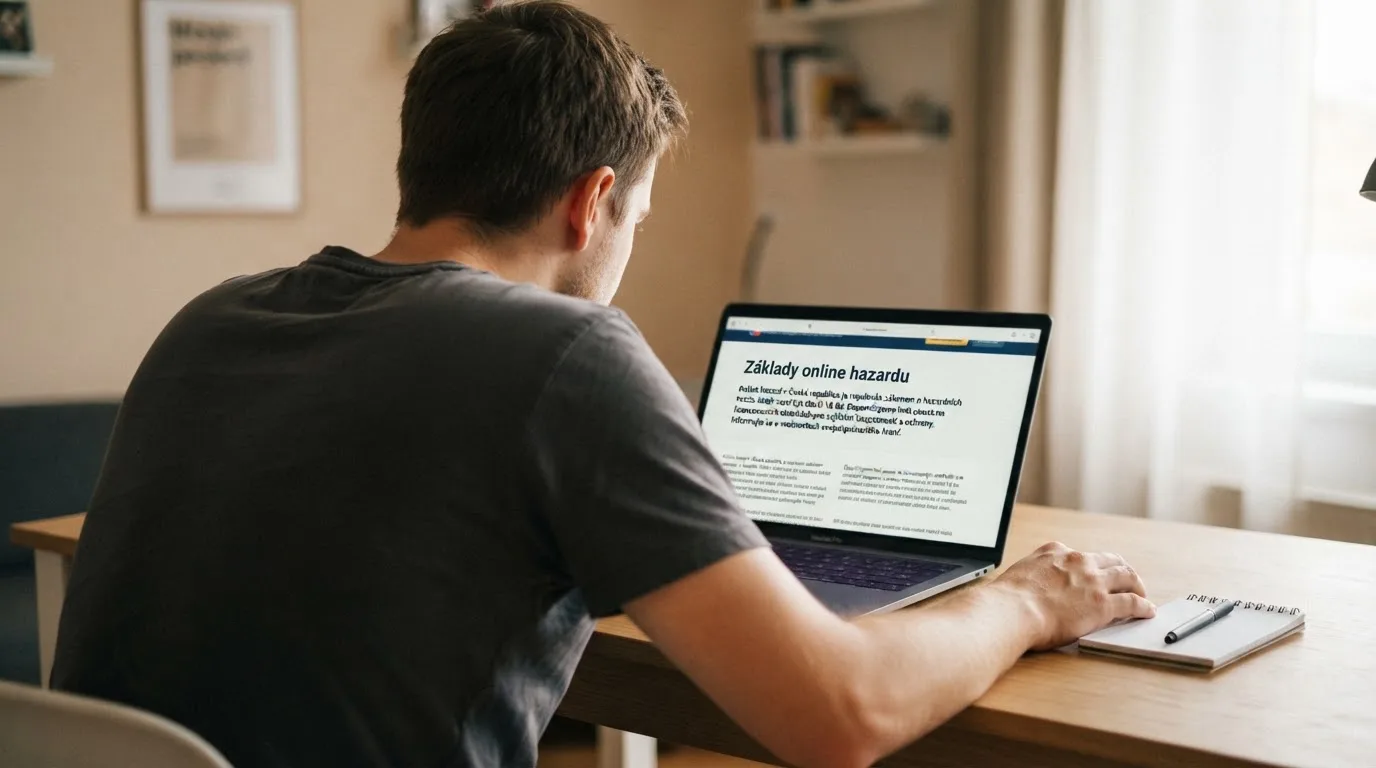 Člověk u notebooku čte informační stránku o online hazardu v Česku — hrací automaty hrací automaty zdarma online