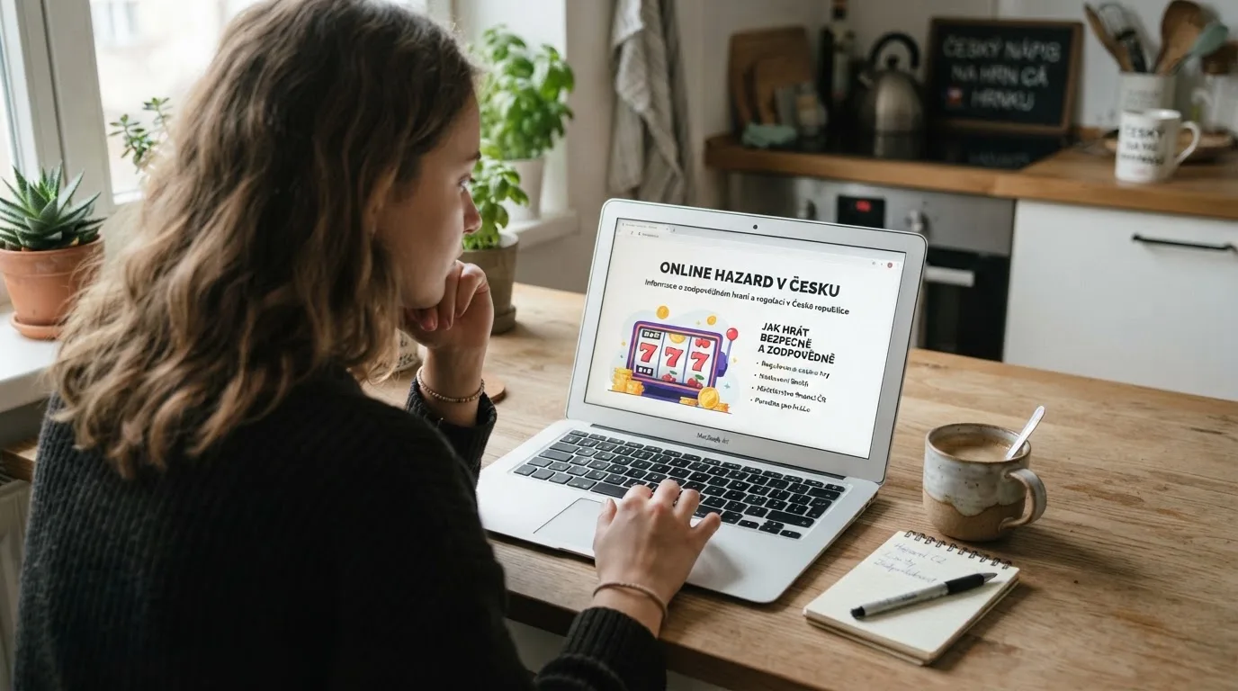 Člověk u notebooku čte informační stránku o online hazardu v Česku — hrací automaty zdarma ke stažení