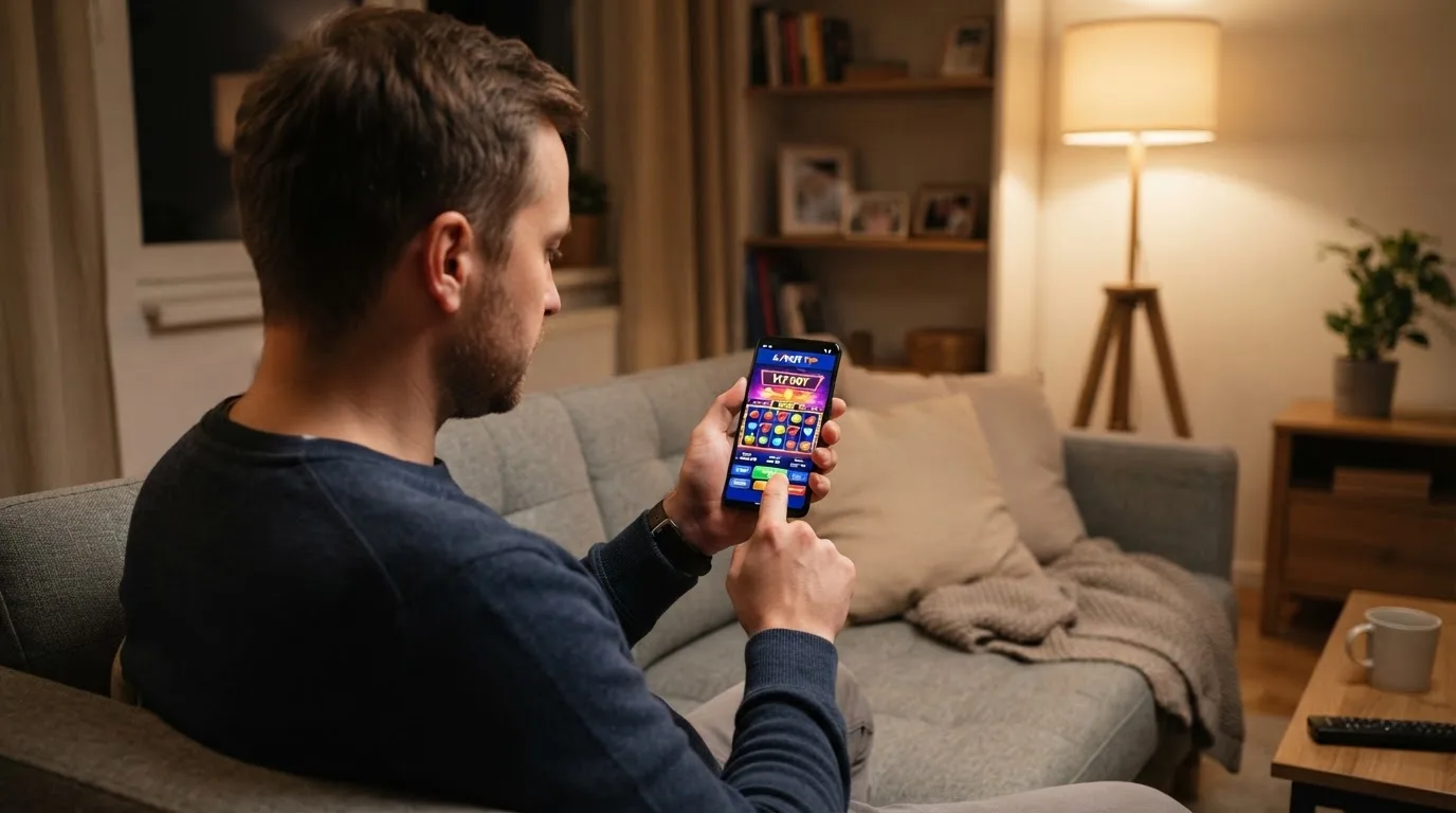Muž sedí na gauči a poprvé otevírá herní aplikaci na chytrém telefonu.