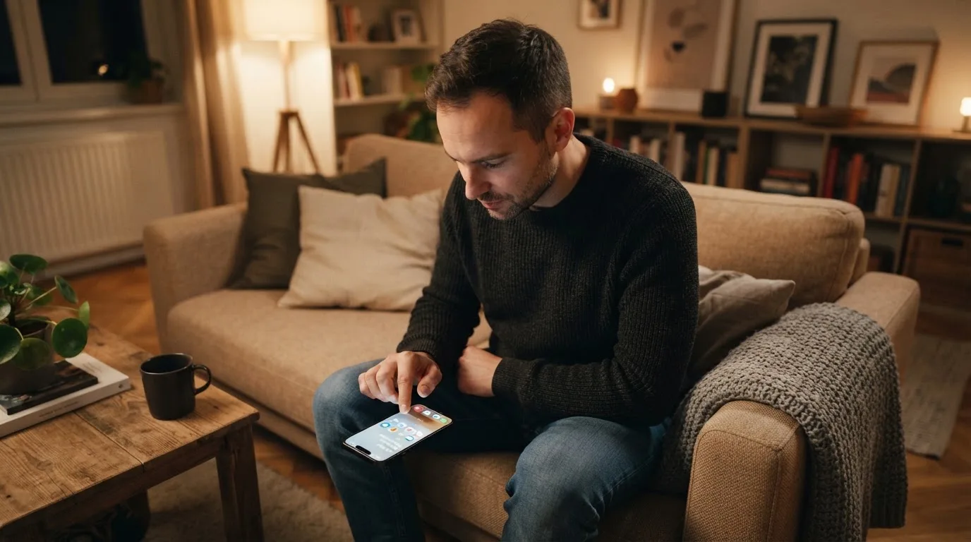 Muž sedí na gauči a poprvé otevírá aplikaci na chytrém telefonu večer.