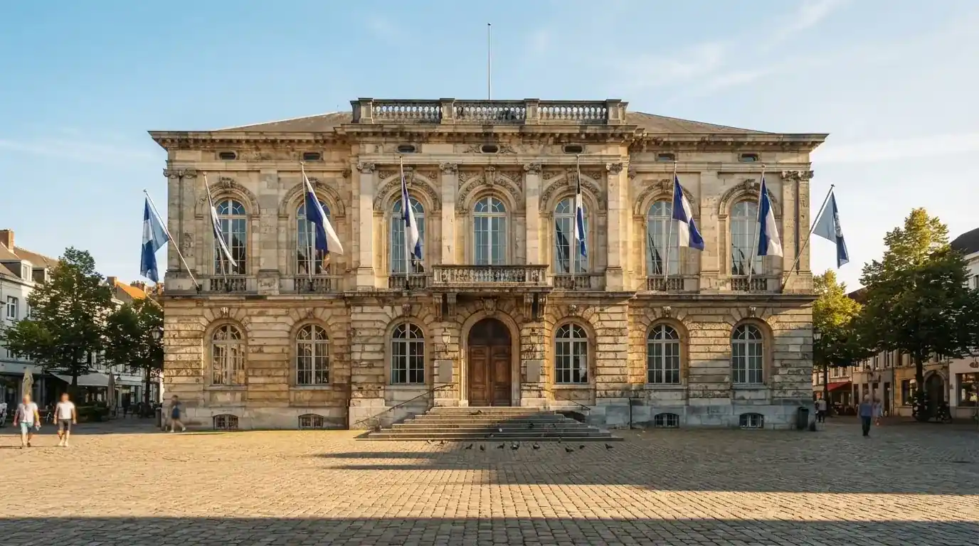 Historická úřední budova s vlajkami na slunečném náměstí — nejlepší krypto casino pro české hráče