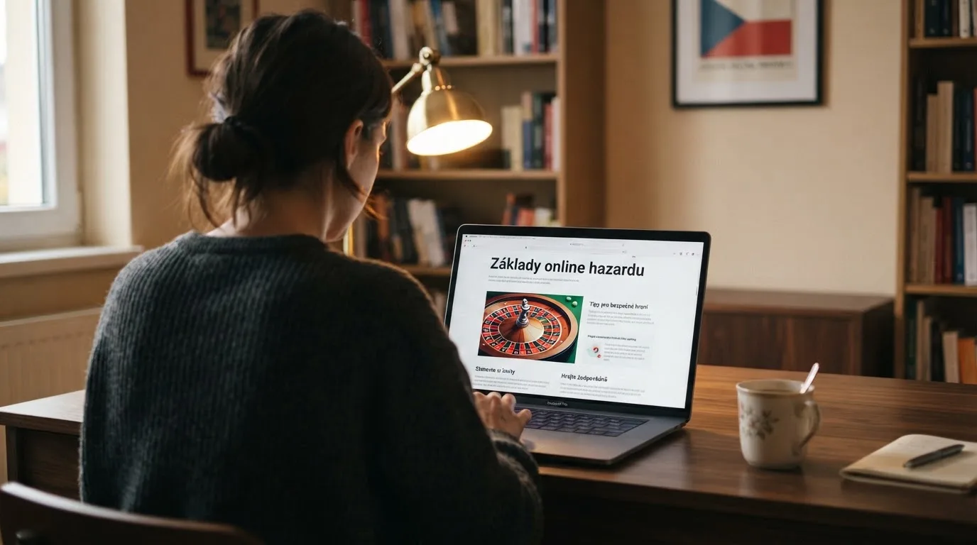Člověk u notebooku čte informační stránku o online hazardu v Česku — nejlepší mobilní online kasino česká republika