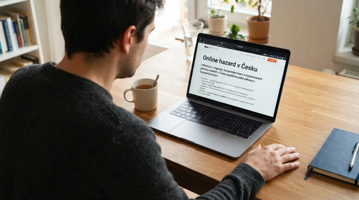 Člověk u notebooku čte informační stránku o online hazardu v Česku — nejlepší online casino za peníze