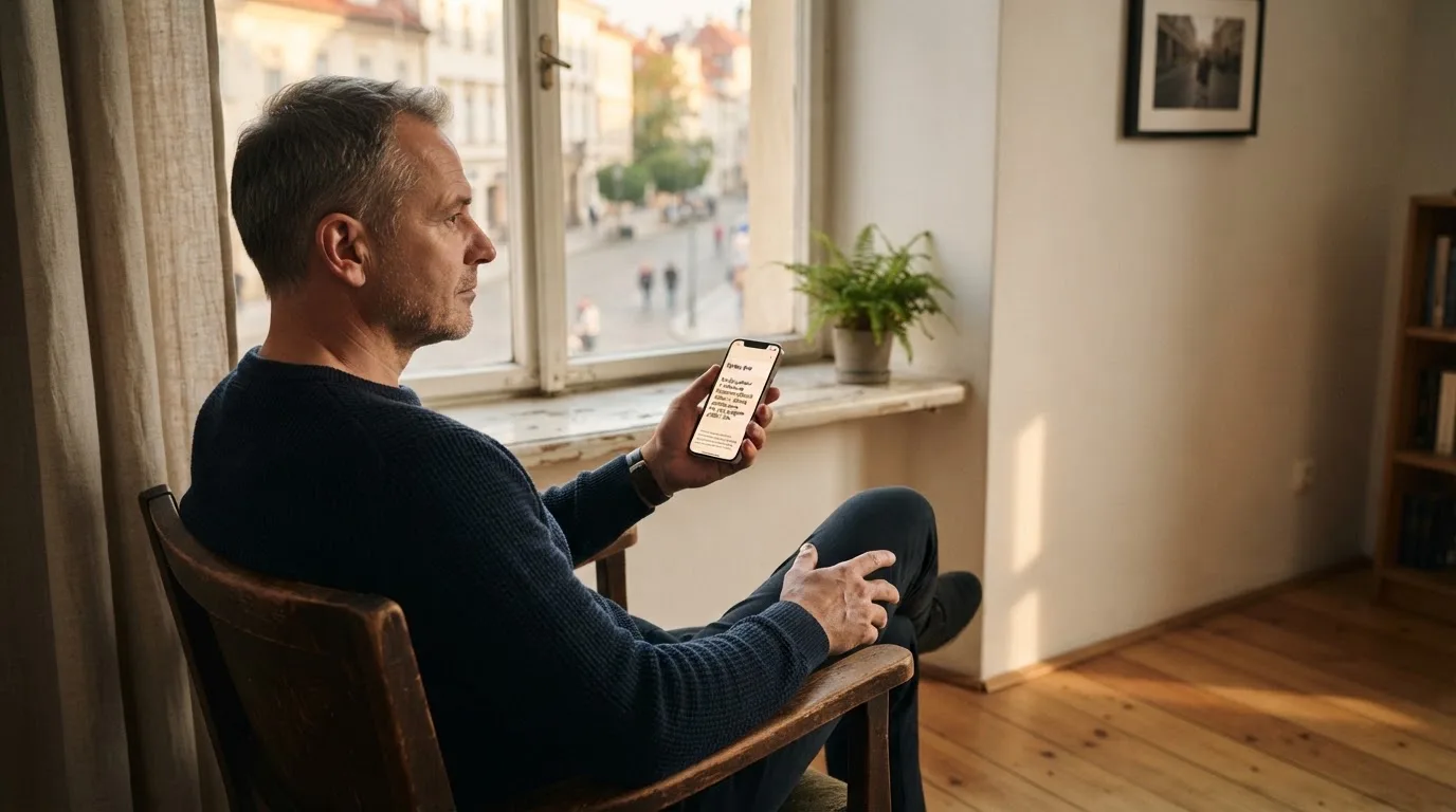 Muž středního věku sedí u okna s telefonem v ruce a přemýšlivě hledí ven do ulice.